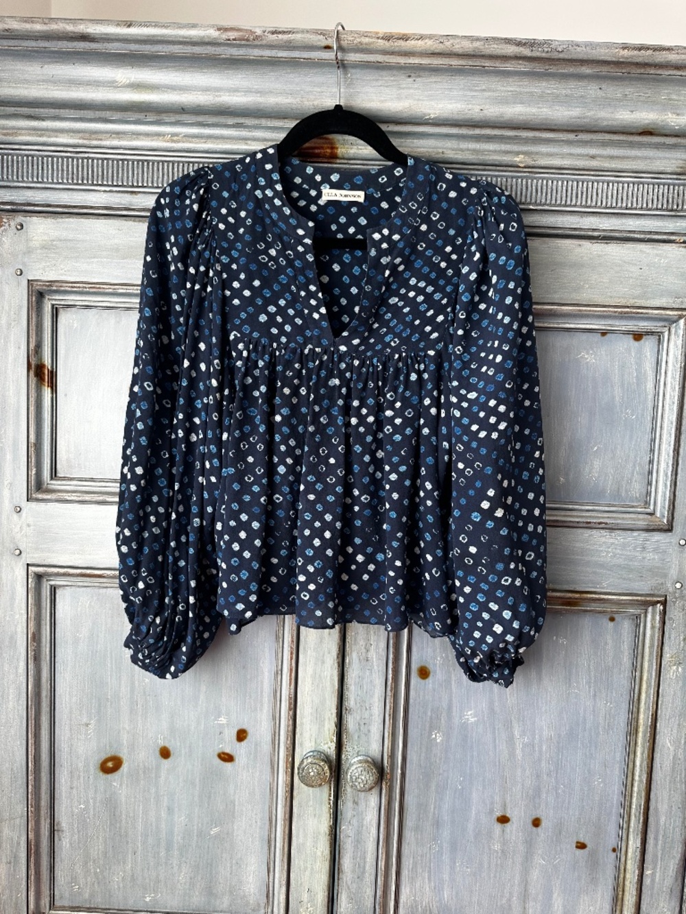 Ulla Johnson Balloon Sleeve Silky Blue Printed Blouse Size S